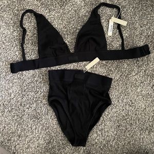SKIMS COTTON RIBBED PLUNGE BRALETTE AND BRIEF SET
